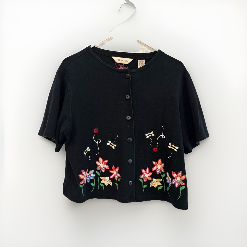 Bechamel Vintage Womens L‎ Embroidered Short Sleeve Cardigan Top Spring Floral